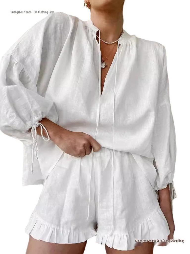 Chic Cotton-Linen Two-Piece Set: V-Neck Lantern Sleeve Top & High-Waist Shorts