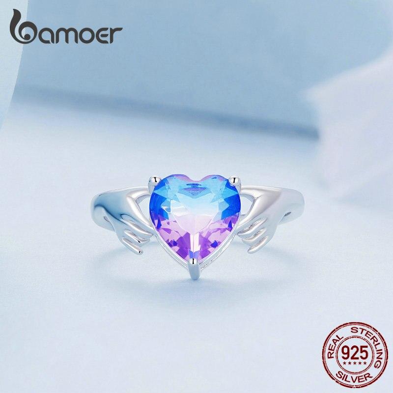 Inel de deget BAMOER din argint 925 violet, inimă, gardian, mâini, pentru femei, cadou de Ziua Îndrăgostiților, bijuterii fine romantice