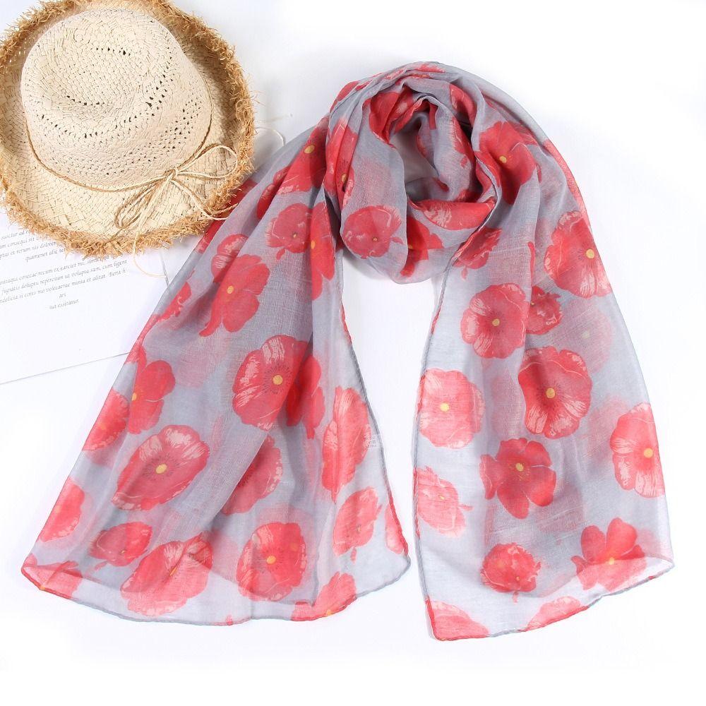Colorful Poppy Print Scarf 180*90cm Smooth Poppy Floral Shawl Breathable Cotton Voile Poppies Floral Wrap for Women Ladies