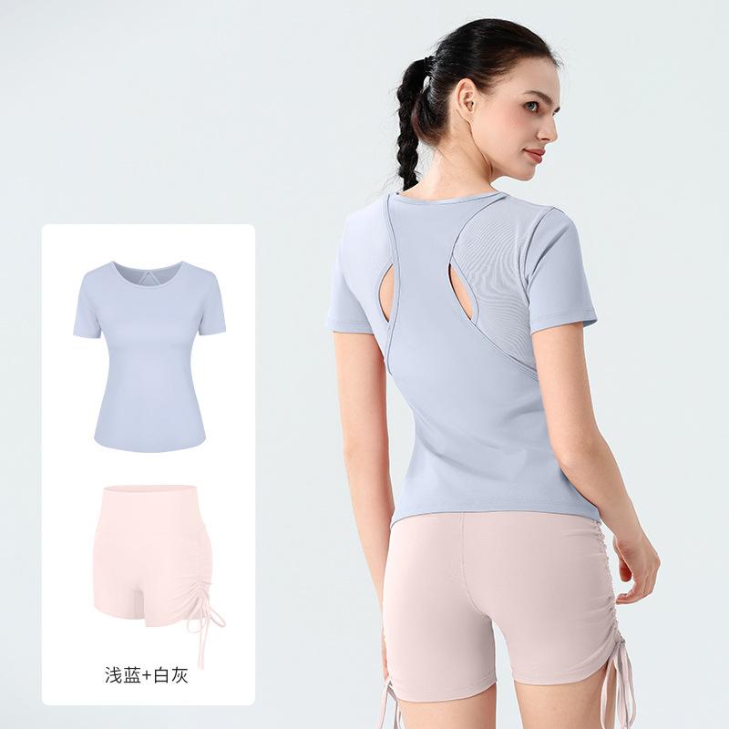 European and American spring and summer mesh splicing yoga suit women's short-sleeved tight fitness suit breathable quick-drying sportswear