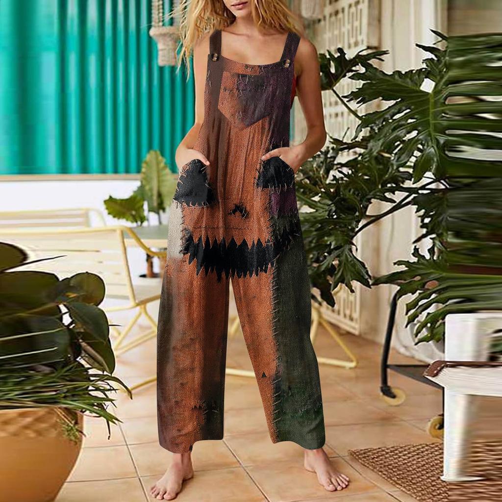 Women's Fashion Halloween Print Casual Vintage Sleeveless Button Jumpsuit