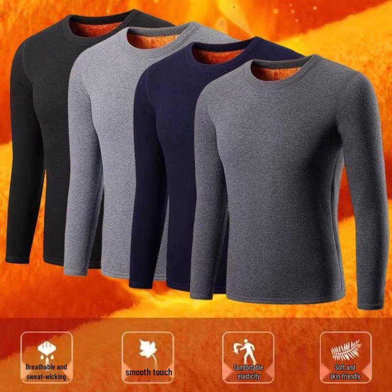Men's Korean Style Long-Sleeve Fleece-Lined Slim-Fit T-Shirt - Solid Color, Plus Size, Warm, Youth To Elderly