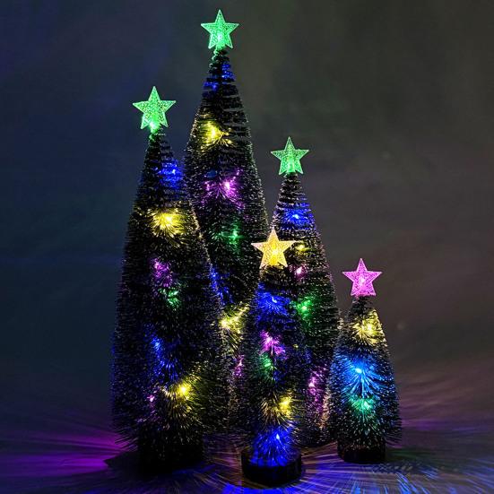 Mini Christmas Tree Small Artificial Snow Flocked Pencil Tree with LED Lights Tabletop Tree Ornaments with Wooden Base for Xmas Home Decor