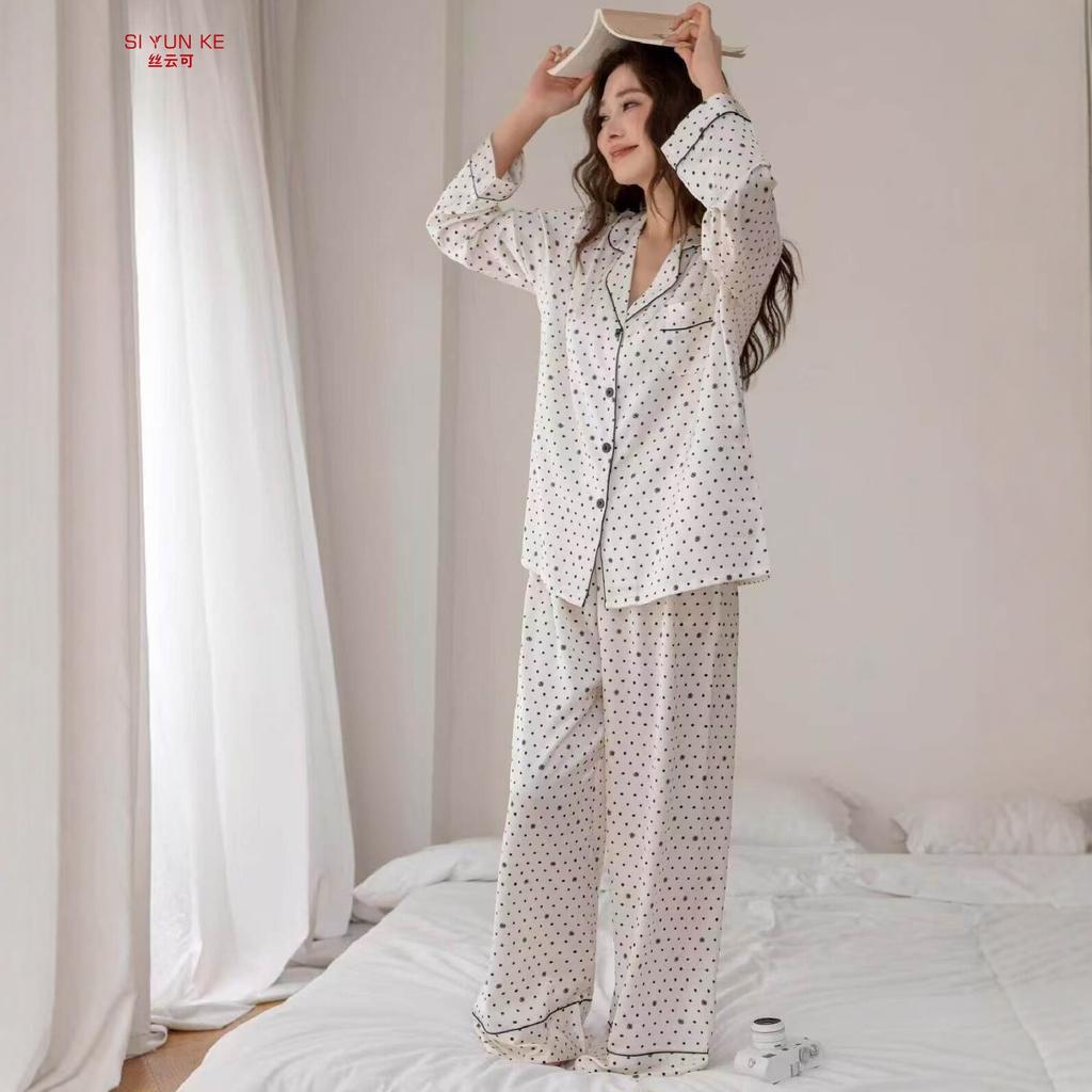 Spring and Autumn long-sleeved new polka dot pajamas women's cardigan can be worn outside, comfortable and breathable, fashionable and simple