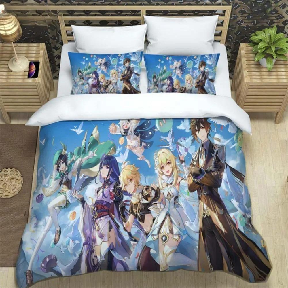 Anime Genshin Impact Duvet Cover Pillowcase Bedding Set Adult Boy Girl Bedroom Decoration Children Single Double Large Size