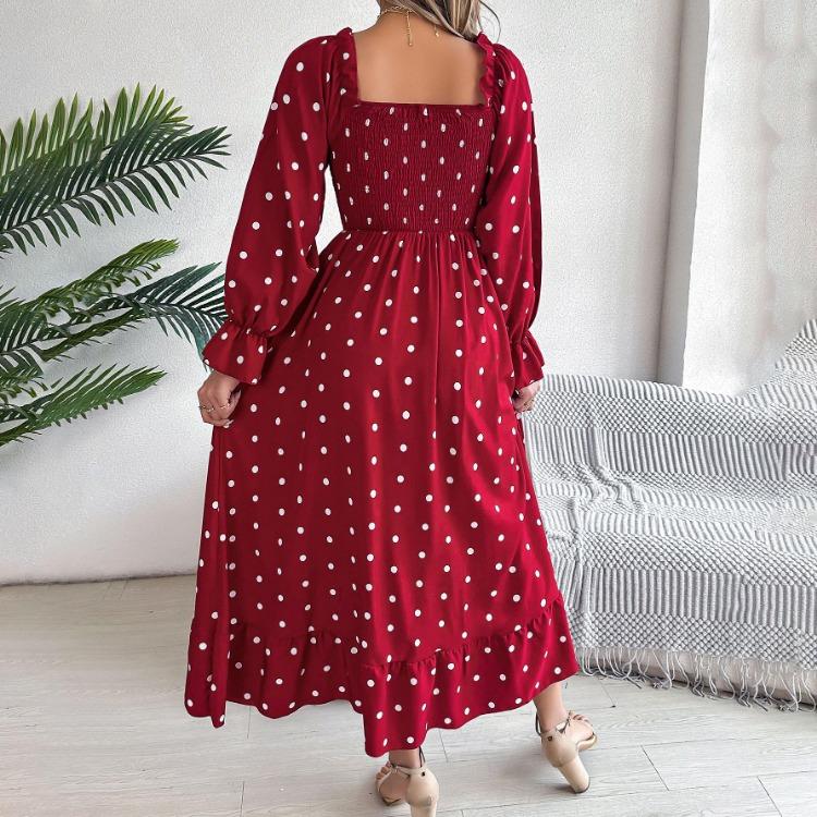 Autumn Winter Women Lace Up High Waist Long Sleeve Pleated Dress Solid Dot Temperament