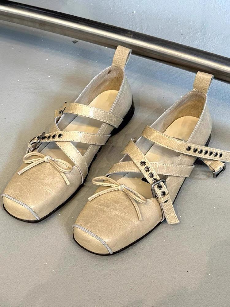 Cowhide Version~ Retro Bow Belt Buckle Ballet Shoes for Women's New Korean Version Pig Nose Mary Jane Single Shoes for Women