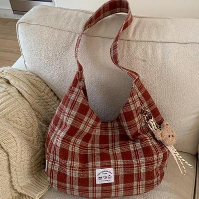 Borsa Tote Letteraria a Quadri Retrò Giapponese: Borsa a Spalla Versatile, Semplice e di Grande Capacità per Donne