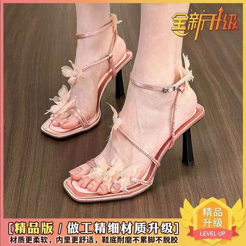 Temperament Bow Strap High Heels Female 2025 Summer New Square Head One-word Strap Stiletto Roman Sandals Fairy