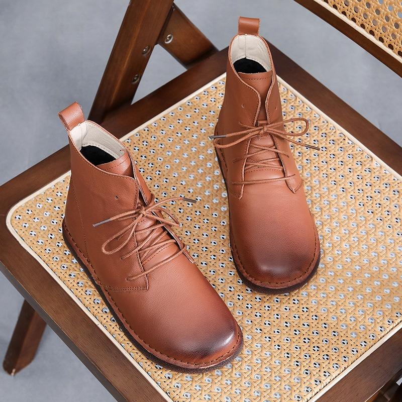 Handmade 100% Genuine Leather Short Boots Women's Flat Heel Big Head Boots Women Leisure Shoes Warm Women Boots