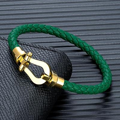 Edelstahl Hufeisen Schnalle Geflochtenes Lederarmband, Metallbeschichtungsverfahren, Mehrfarbige Trendige Herren- und Damenarmbänder