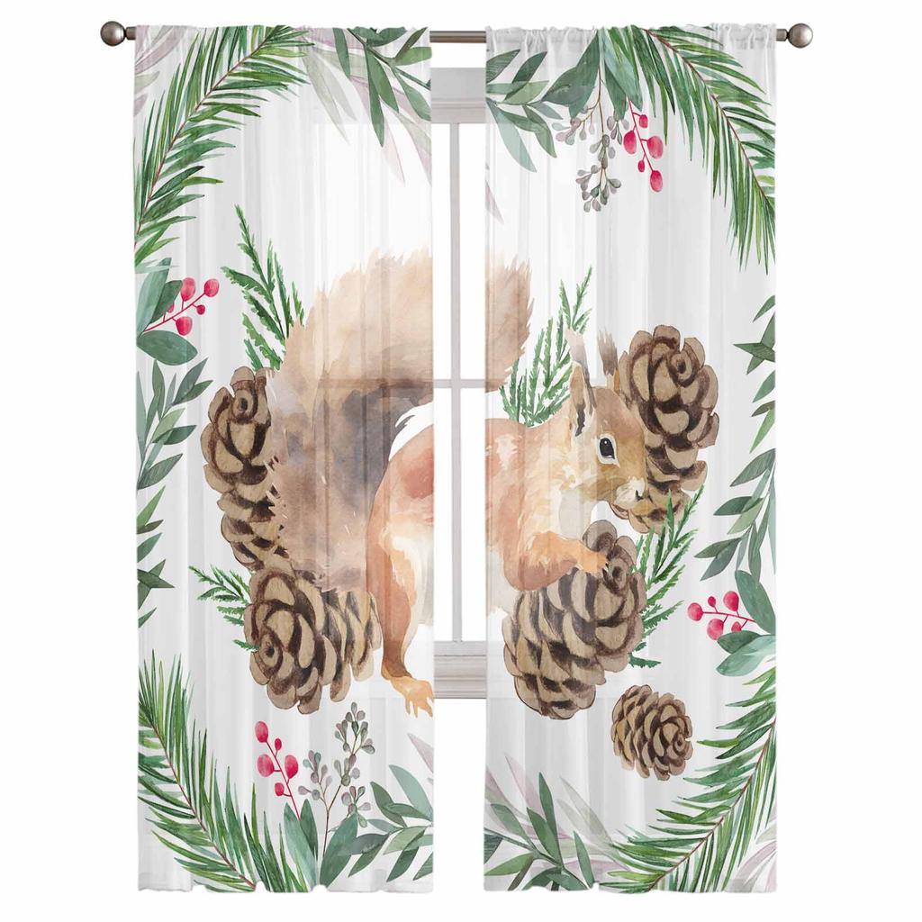 Christmas Plants Pine Needles Pinecone Squirrels Sheer Curtains Modern Gauze Curtain for Living Room Bedroom Voile Yarn Curtains
