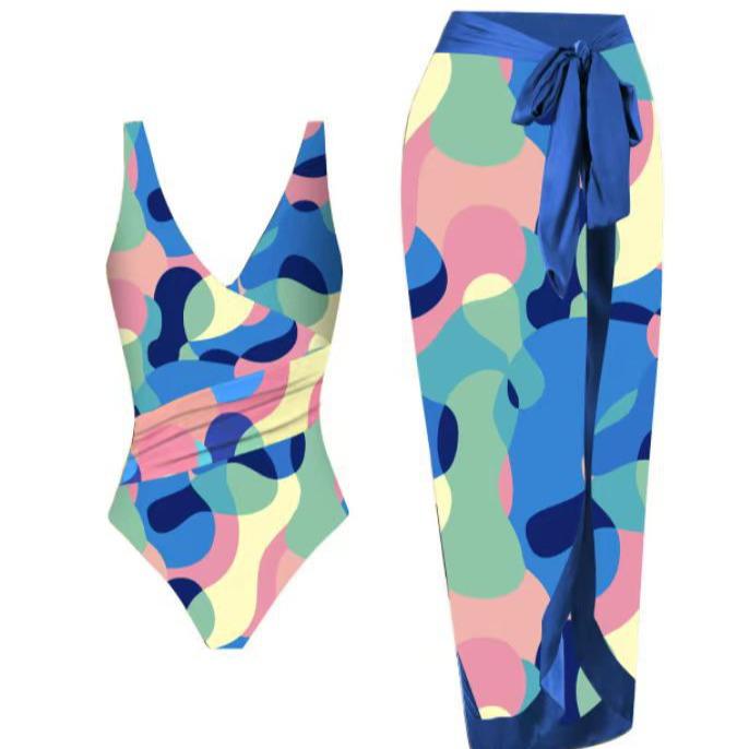Europäischer Print-Bikini 2025 mit Sonnenschutz-Gaze-Rock - Resort-Bademode