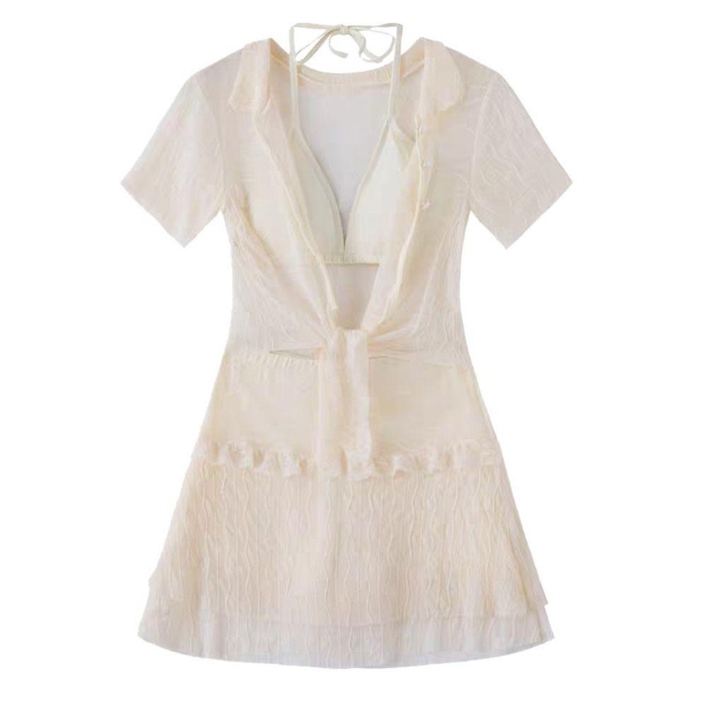 Solid Three-pieces Swimsuit Short Sleeve Cover-Ups Modest Yet Bathing Suit  Swimming