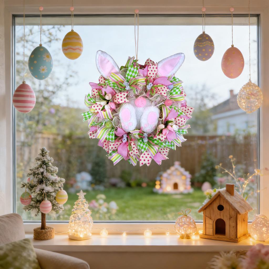 35cm Easter Wreath Fabric Bunny Door Hanging Wreath Linen Bow Door Decoration