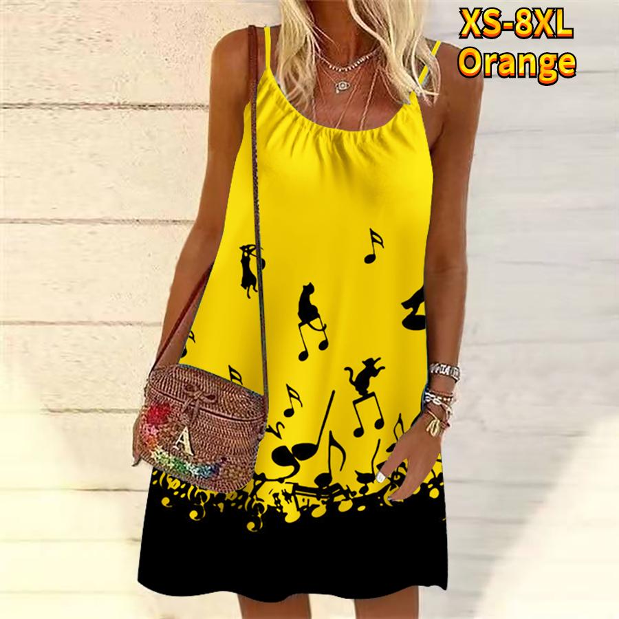 

Женское мини-платье с цветочным принтом и красивыми нотами, вечернее платье без рукавов, летнее пляжное платье, сарафан 8XL оранжевый