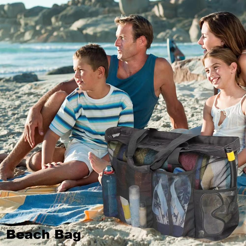 1pc Extra Large Mesh Beach Bag Large-capacity Breathable Multiple Pockets Travel Clothing Storage Bag Outdoor Sports Handbag