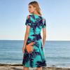 Womens Short Sleeve V Neck Midi Dress with Tropical Leaf Print Casual A Line Summer Dress for Daily Wear