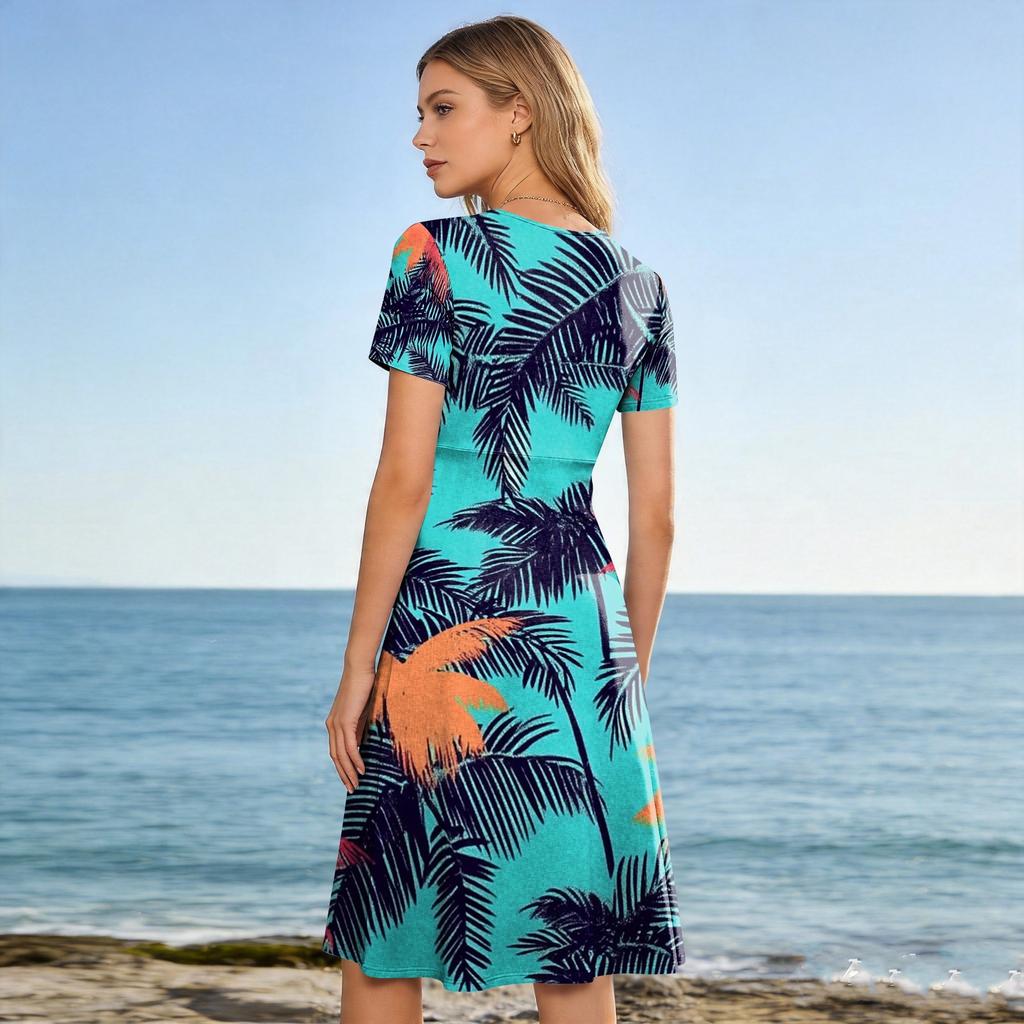 Womens Short Sleeve V Neck Midi Dress with Tropical Leaf Print Casual A Line Summer Dress for Daily Wear