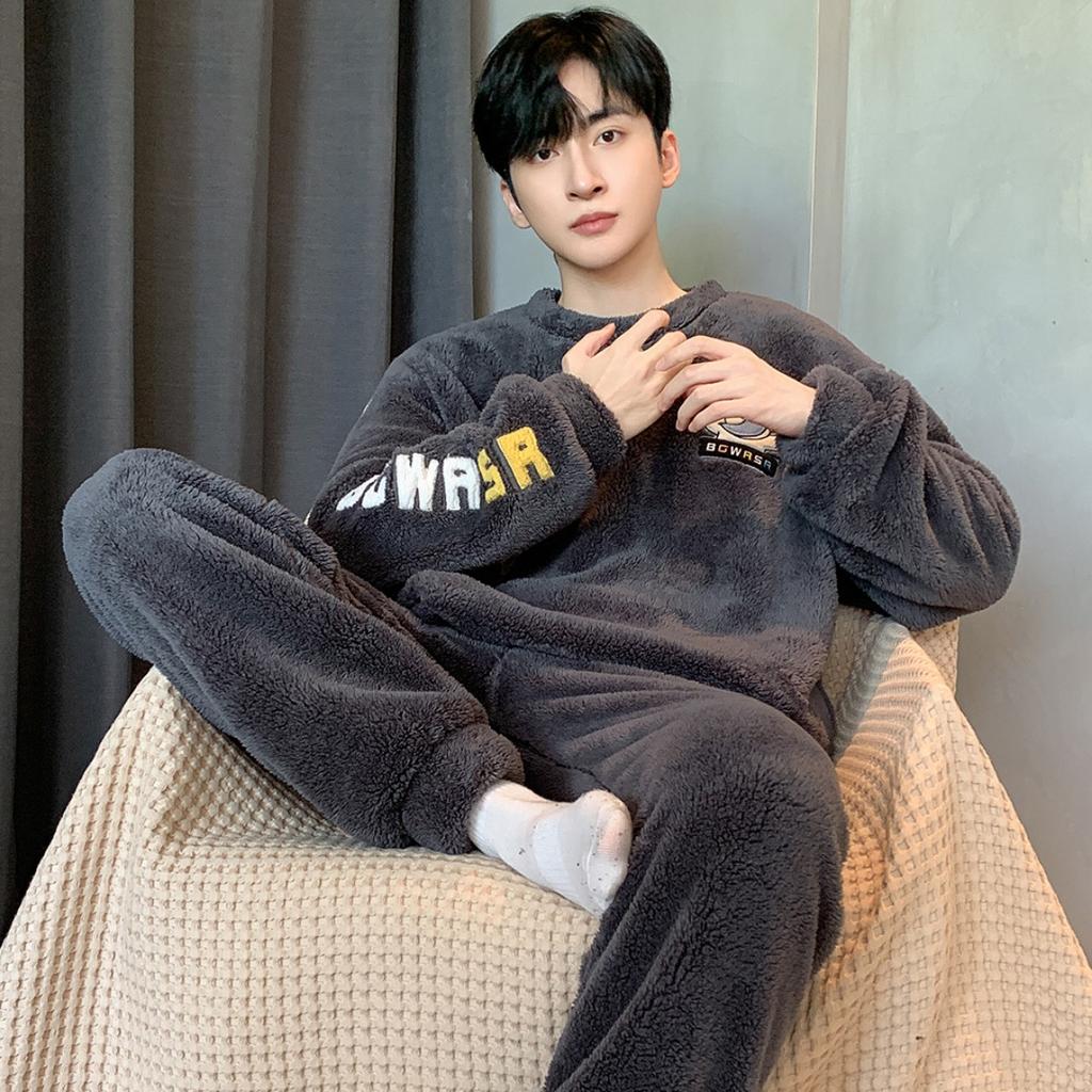 Winter, Coral Fleece, Pajamas, Men's Clothing, Thickened Fleece, Round Neck, Long Sleeved Pants, Suits, Home Clothes
