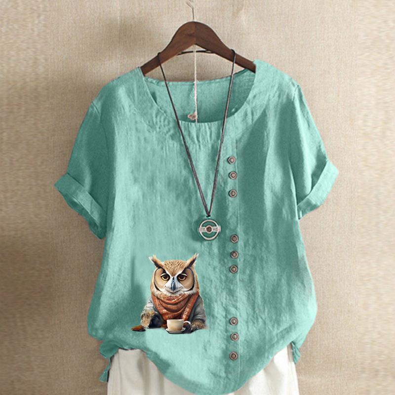 Women's Fashion Owl Prined Short Sleeve T-shirt Loose Cotton Shirt Casual Loose Summer Blouse Plus Size Tops