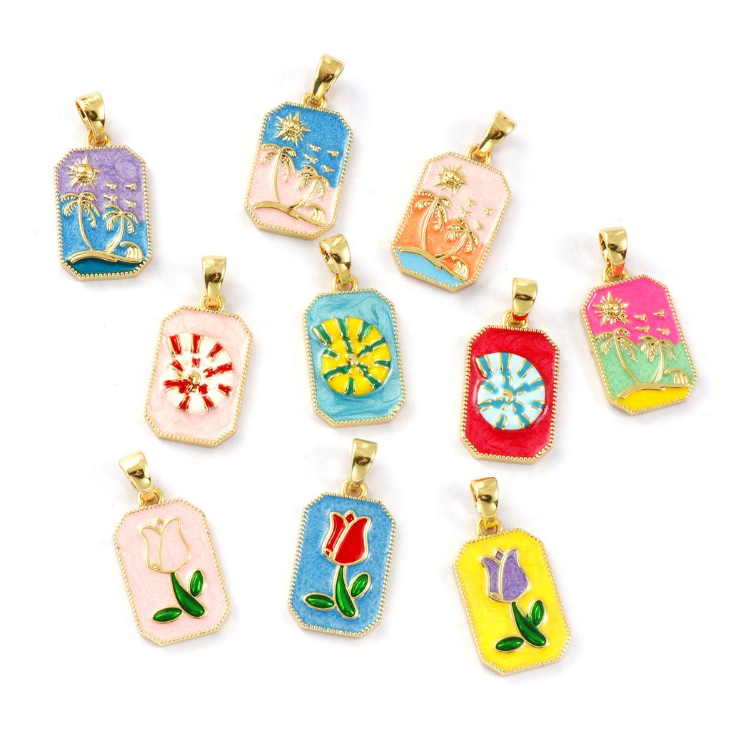 2Pcs Brass Pendants 18K Gold Plated Enamel Octagon Pearlescent Sun Coconut Tree Conch Tulip Pendants Necklace DIY 3cm X 1.4cm