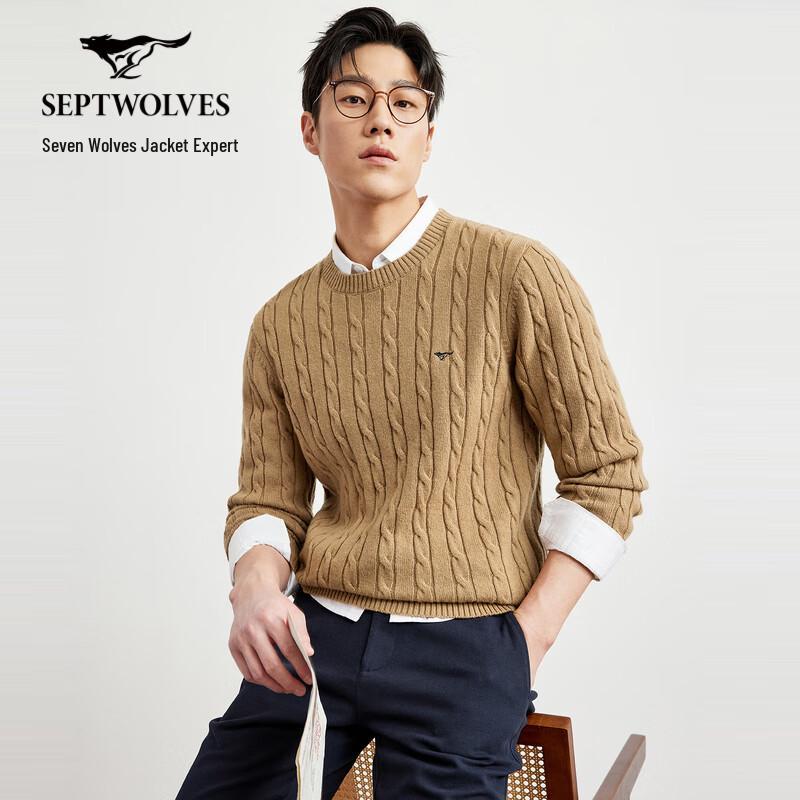 SEPTWOLVES Men's Round Neck Cable Knit Thick Wool Sweater