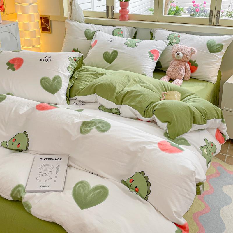 Class A Maternal And Infant Grade Washed Cotton Four-Piece Set Cotton Cartoon Small Fresh Pure Cotton Mattress Quilt Cover 3Pcs Set
