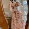 Summer New V-neck Puff Sleeve Maxi Dress Women Chic Floral Printing Youth Sweet Princess Dresses Vintage Elegant Lace Vestidos