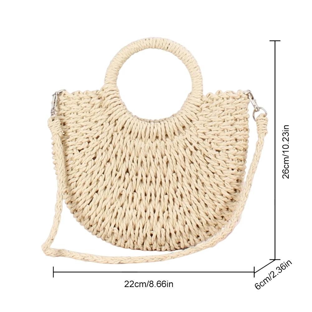 Women Handwoven Semicircle Tote Handbag Half-Moon Straw Rattan Fashion Shoulder Bag Summer Large Capacity Weaving Crossbody Bag