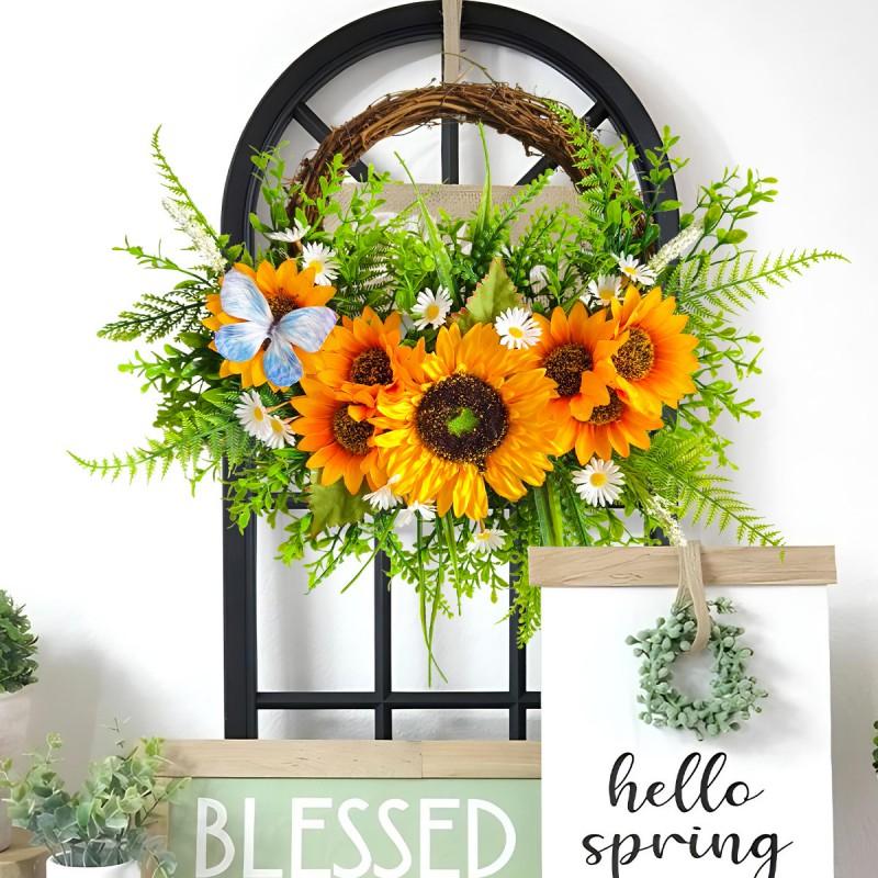 Artificial Sunflower Wreath Front Door Decoration Rustic Farmhouse Style Wall Hanging Floral Ring