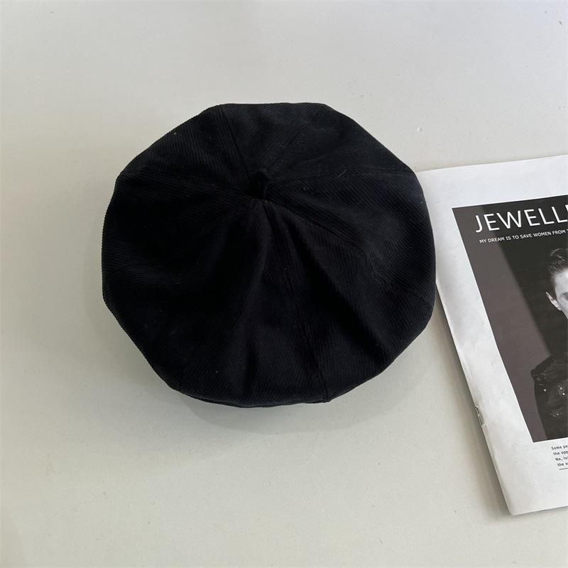 Autumn and winter corduroy black beret women's big head circumference bud hat showing face small painter hat pumpkin hat