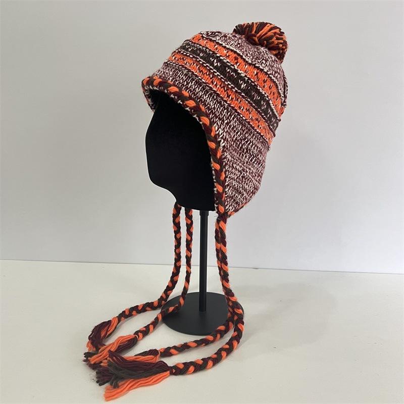

Контрастная цветная шапка-бини с косичкой из помпонов, женская осенне-зимняя универсальная полосатая шерстяная шапка с флисовыми ушками, шапка-ушанка, тренд M（56-58cm） оранжевый