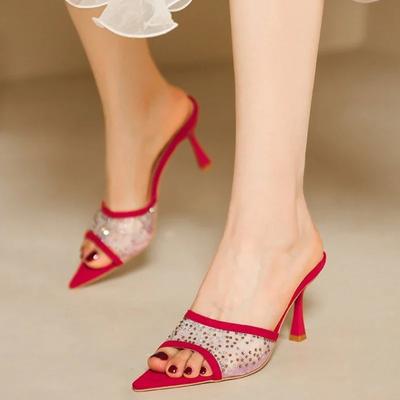 Moda Mujer Malla Sexy Tacones Altos Zapatillas Mujer Punta Fina Zapatos de Vestir Femenino Verano Moda Sandalias Nuevas Chanclas Marca Zapatos de Tacón