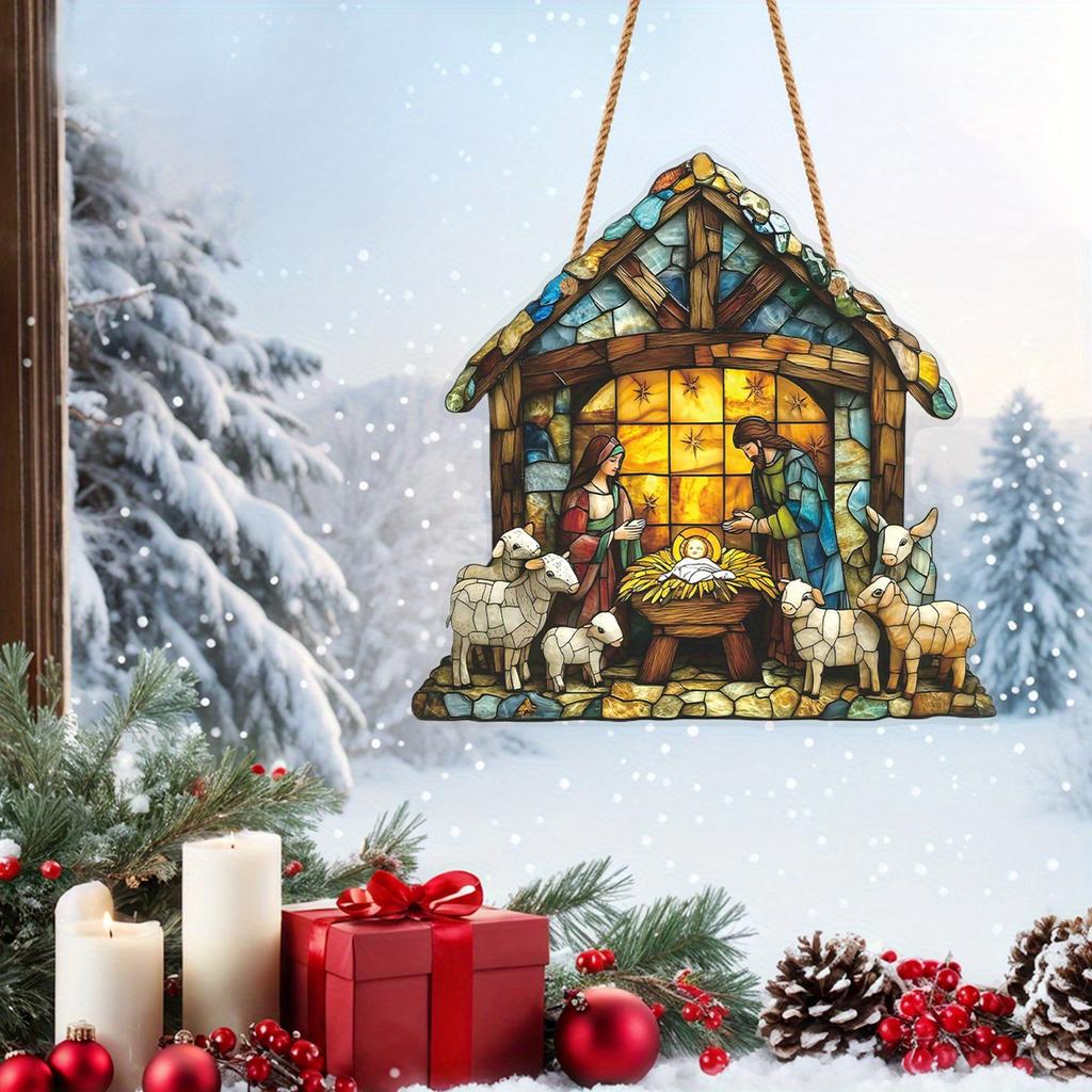 1pc 2D Handmade Sun Catcher Stained Acrylic Nativity Scene Suncatcher Window Hanging Ornament for Home Deco Christian for Family