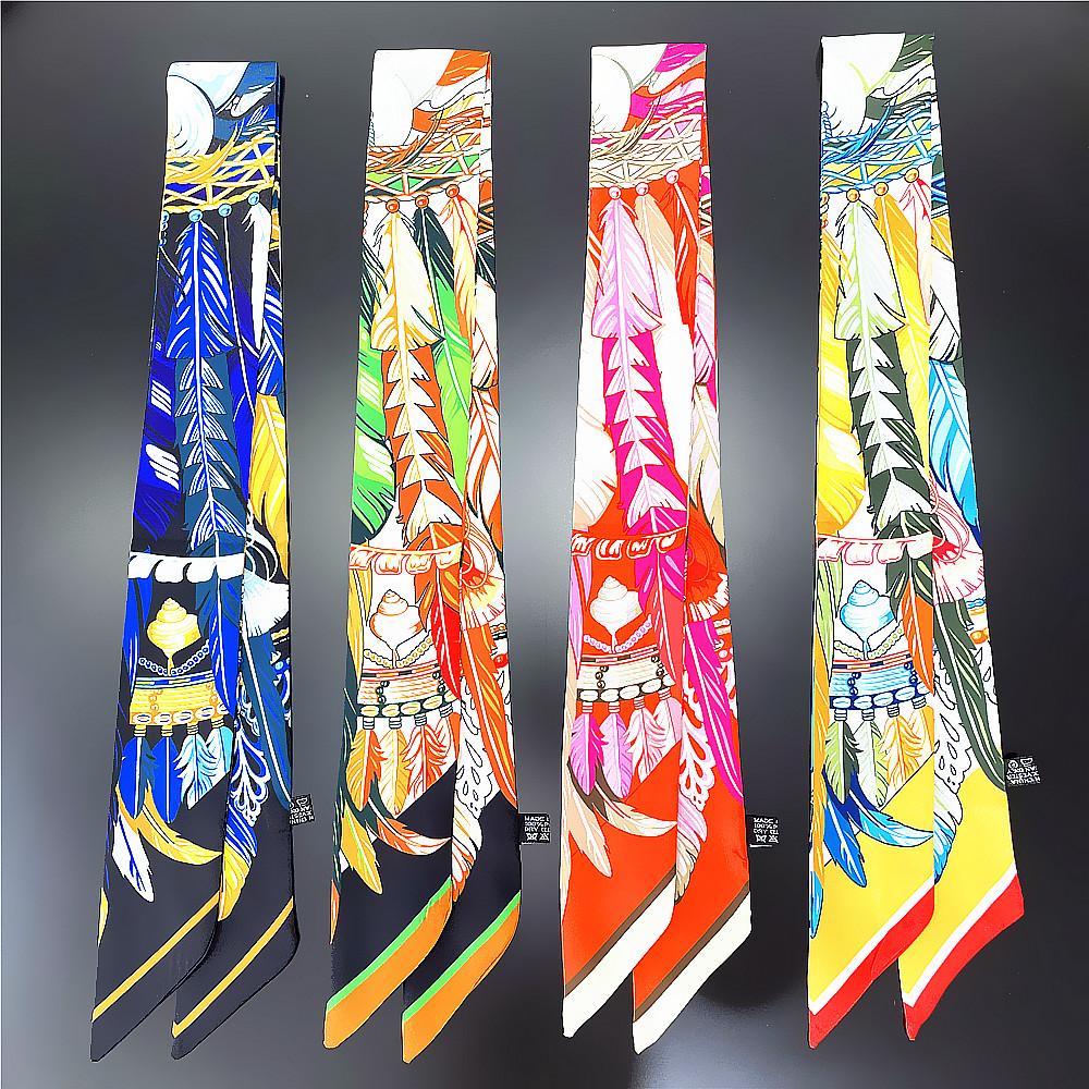 Europe Fashion New Animal Feather Pattern Ladies Leisure Decoration Twill Long Strip Streamer Silk Scarf Tie Bind a Bag Ribbon
