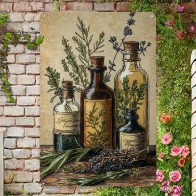 High Definition Tin Metal Sign Wall Art Vintage Botanical Herb Bottle Illustration with Rosemary Lavender Corked Glass Vial