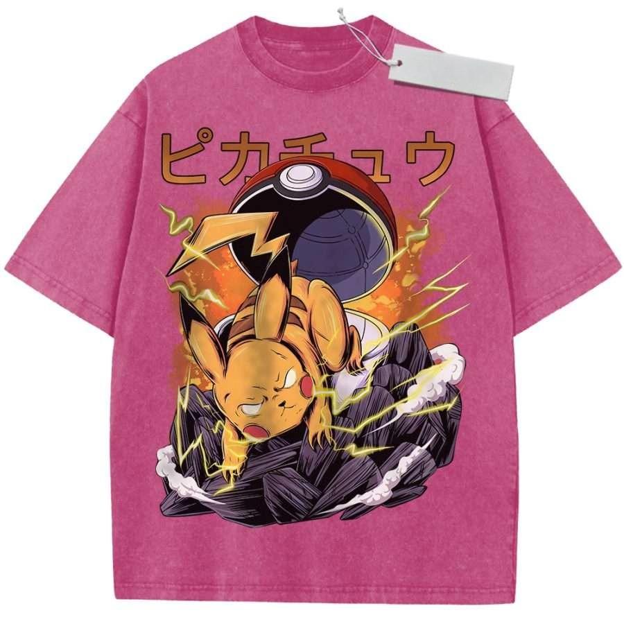 Unisex Black Washed Vintage T Shirt Pokemon Pikachu Thunder Ball Breakthrough High Quality Fabric for Casual Shopping