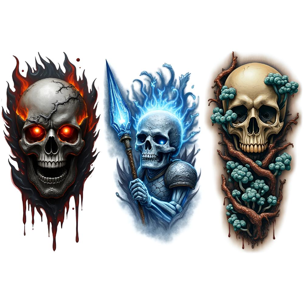 3pcs Temporary Tattoo Skeleton With Flames Realistic Temporary Tattoos Skeleton With Paintbrush Wizard Skeleton For Adults