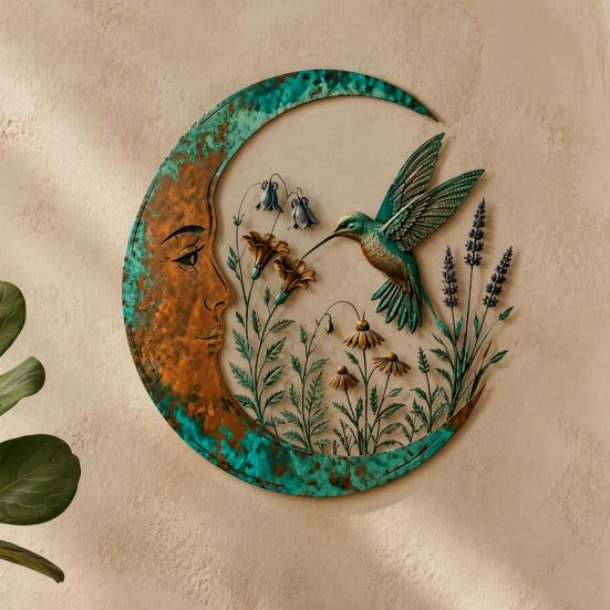Vintage Style Porch Art Crescent Moon Wall Art, Fairy Witch Bee Dragonfly Iron Hanging Metal Decor Decor, Sculpture for Garden Patio Indoor