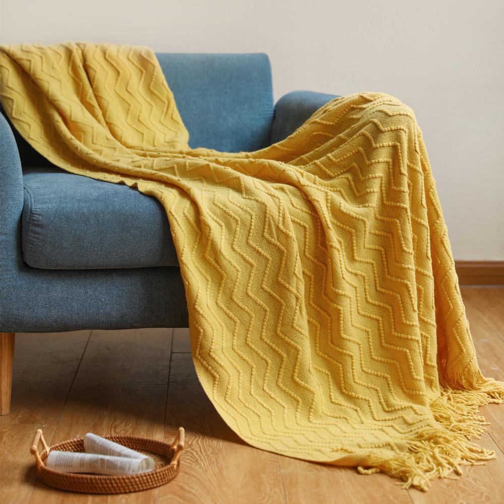 100% Acrylic Khaki Knitted Blanket with Tassel Gift Blanket Bed Sofa Travel Breathable Chic Bohemian Soft Comfortable Blanket