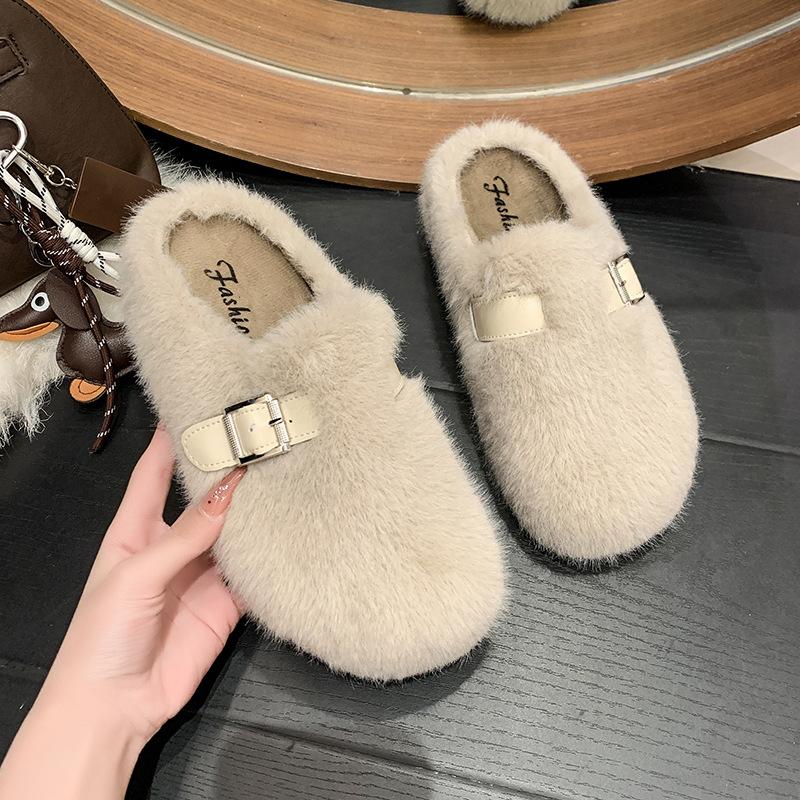 Premium Mink Hair Thick-soled Fluffy Slippers for Women To Wear 2025 Autumn and Winter New Fluffy Shoes Bag Head Cotton Slippers