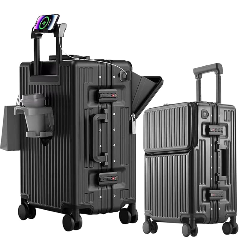 [lanbao] aluminum frame suitcase Multifunctional front open carry case With stopper Carry-on carry bag mobile stand With USB port with cup holder