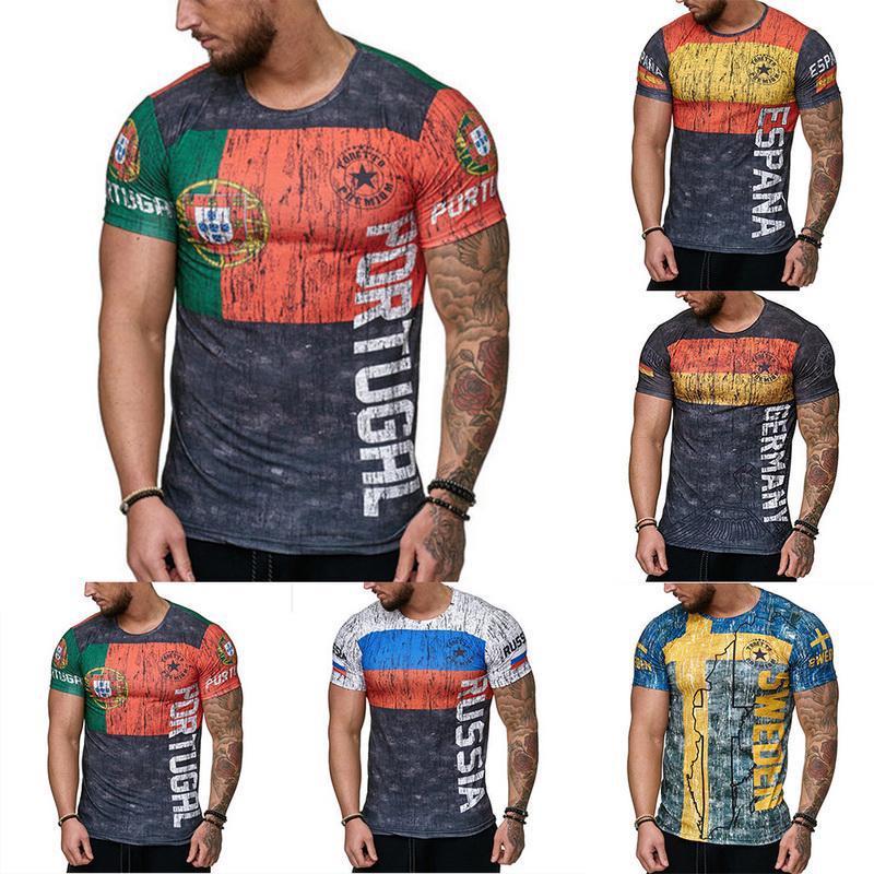 Men's Letter Print Gym T-shirt With Germany Sweden Portugal Russia Design Slim Fit