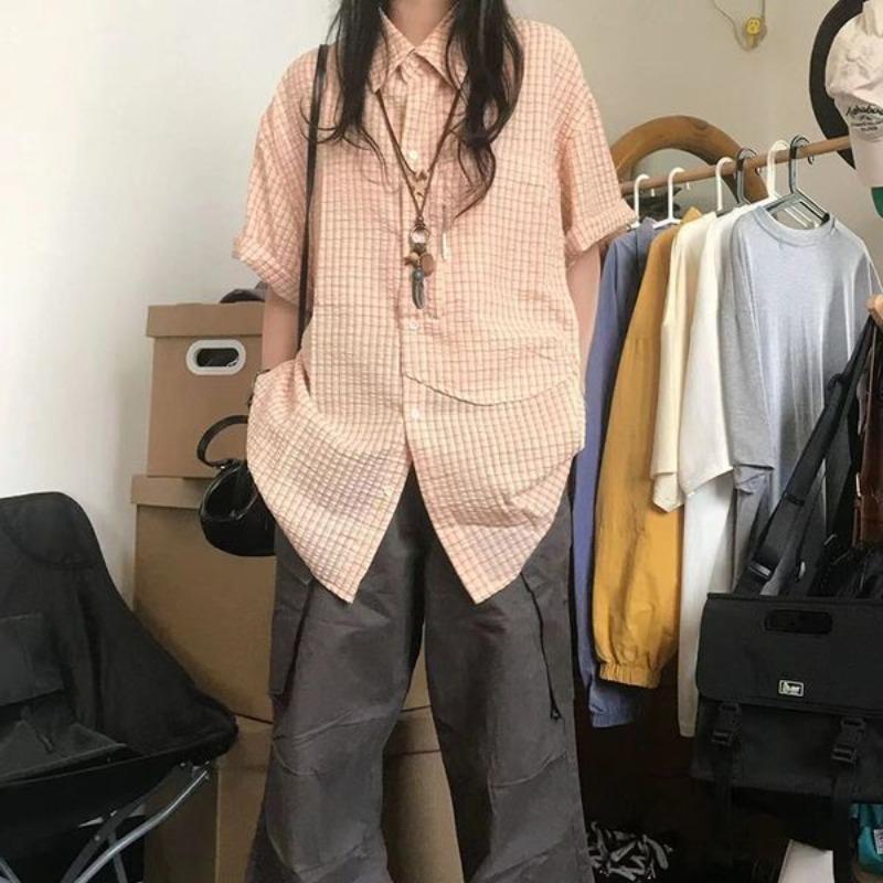

Однотонная клетчатая женская рубашка с короткими рукавами и карманами, японская винтажная женская блузка с лацканами, летний свободный повседневный топ M