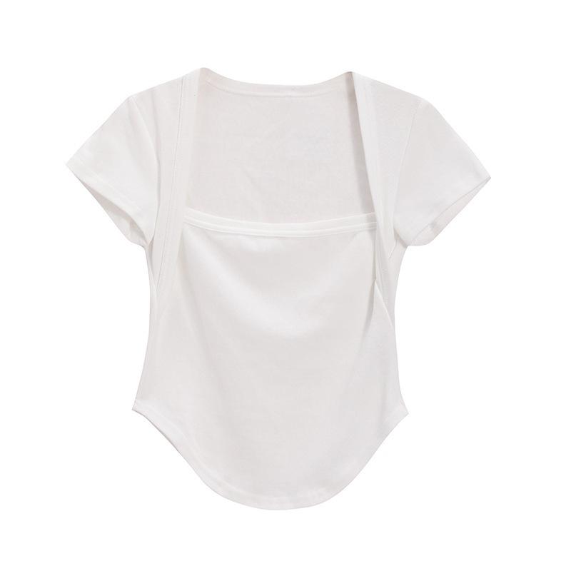 Dámské tričko Slim Fit bílé čtvercový límec s krátkým rukávem – kolekce léto 2024