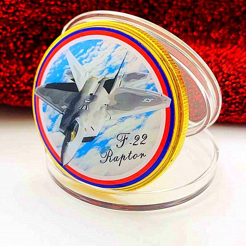 F-22 Raptor Combat Aircraft, Gold Plated Color Printing Commemorative Medal, Craftsmanship, Air Force Creative Gift, Gold Coins and Coins