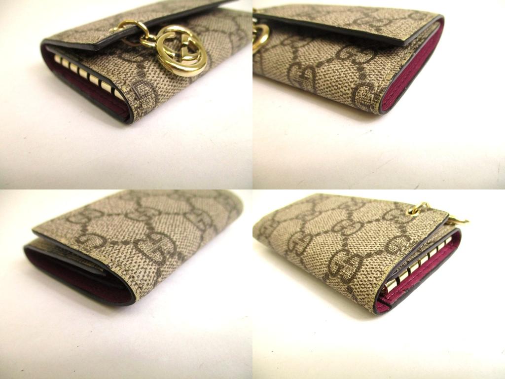 Authentic GUCCI GG Coating Canvas Wine Red Leather 6 Pics Key Chain #a902  Refurbished