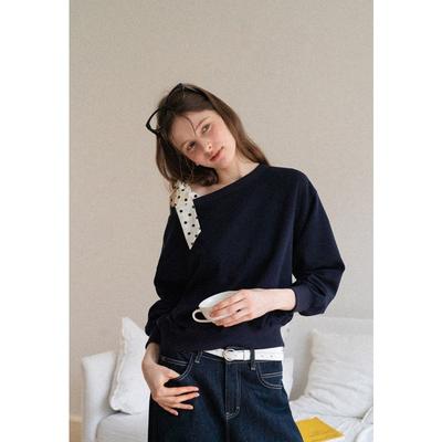 Polka-dot Tie Loose Shoulder Sweatshirt for Women New Autumn Blue Temperament Slim Casual Long-sleeved Top