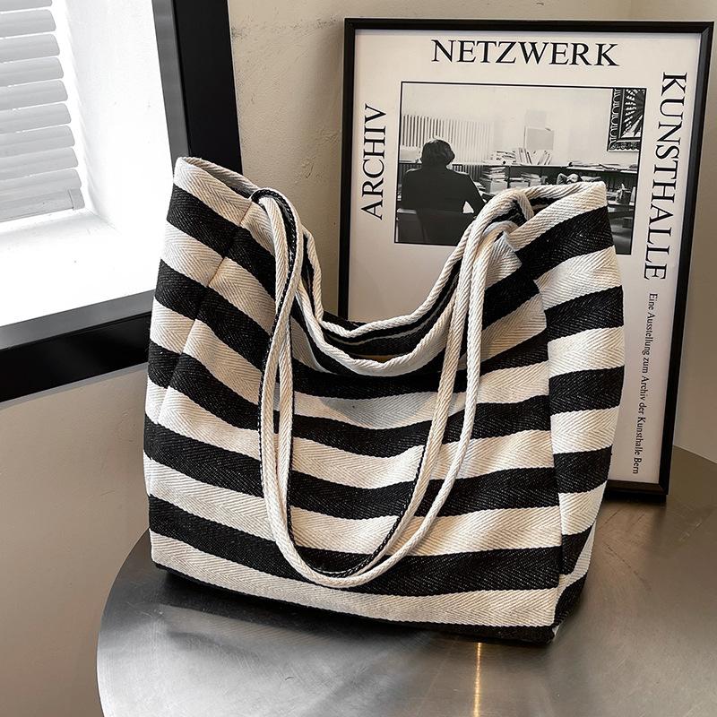 

New canvas bag large capacity casual versatile tote bag shopping bag striped handbag women 31*34*18cm чёрный